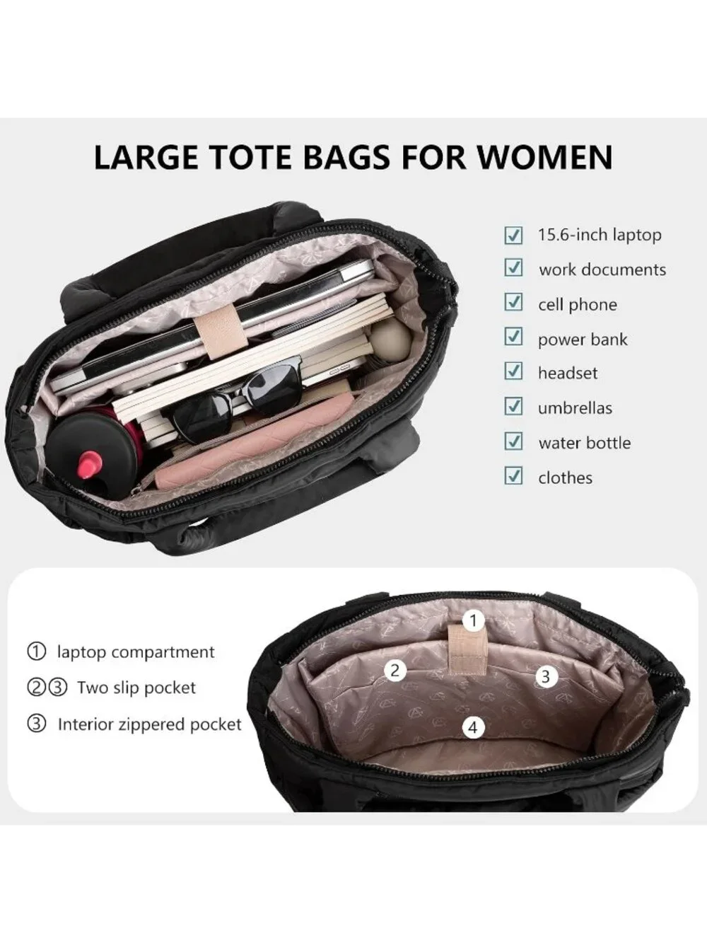 👜Women's Black Quilted Puffer Tote Bag Lightweight Work For Travel Handbags